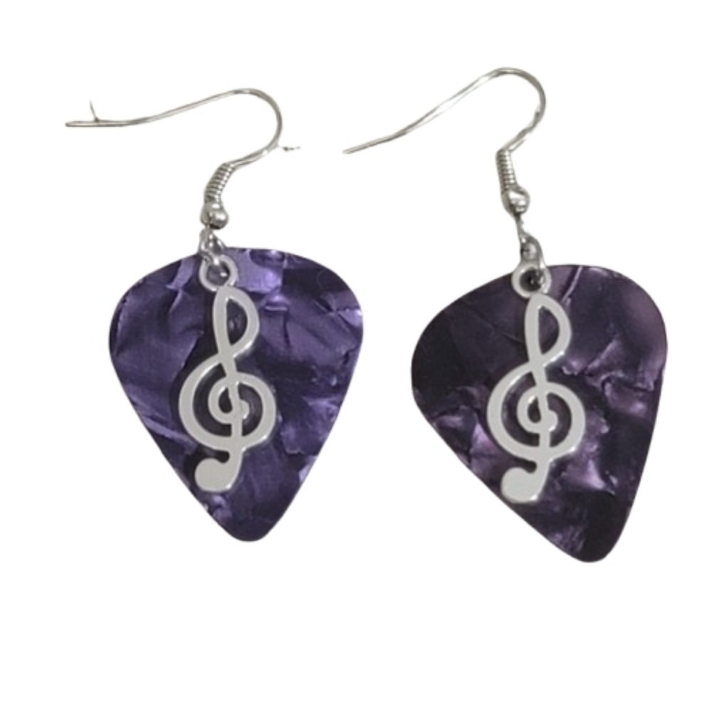 Purple Guitar Pick Earrings with Treble Clef